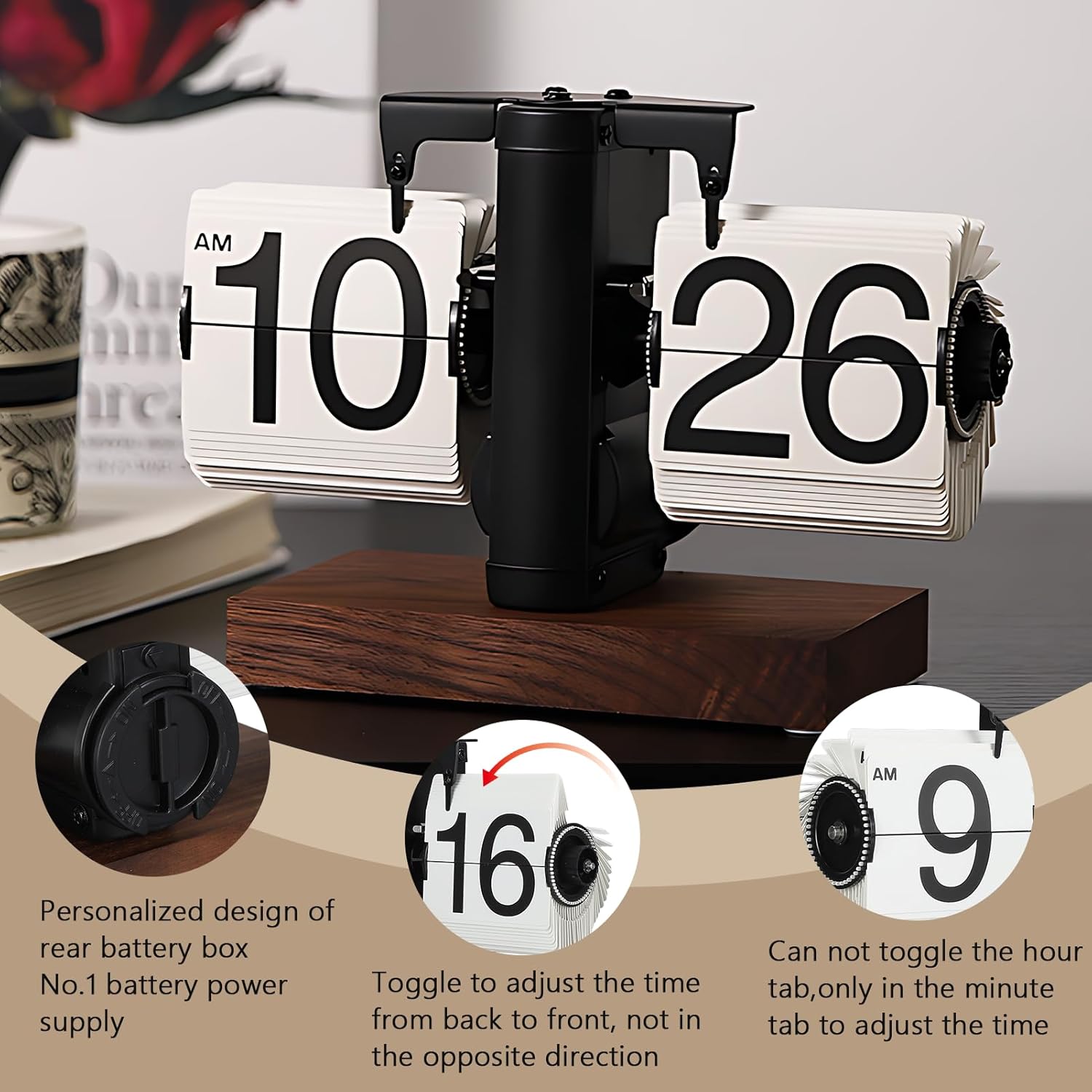 Flip Desk Clock, Retro Vintage Flip Desk Table Clock, Digital Flip Clock 12h Single Sided Large Numbers Automatic Retro Mechanical Flip Clock Wood Base for Living Room (Black,  9gcnkt2zgp-11
