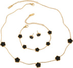 Lucky Clover 18K Gold Plated Clover Necklace Bracelet Earring for Women Fashion Cute Simple Jewelry Sets Hypoallergenic Women Jewelry Gift (Black)