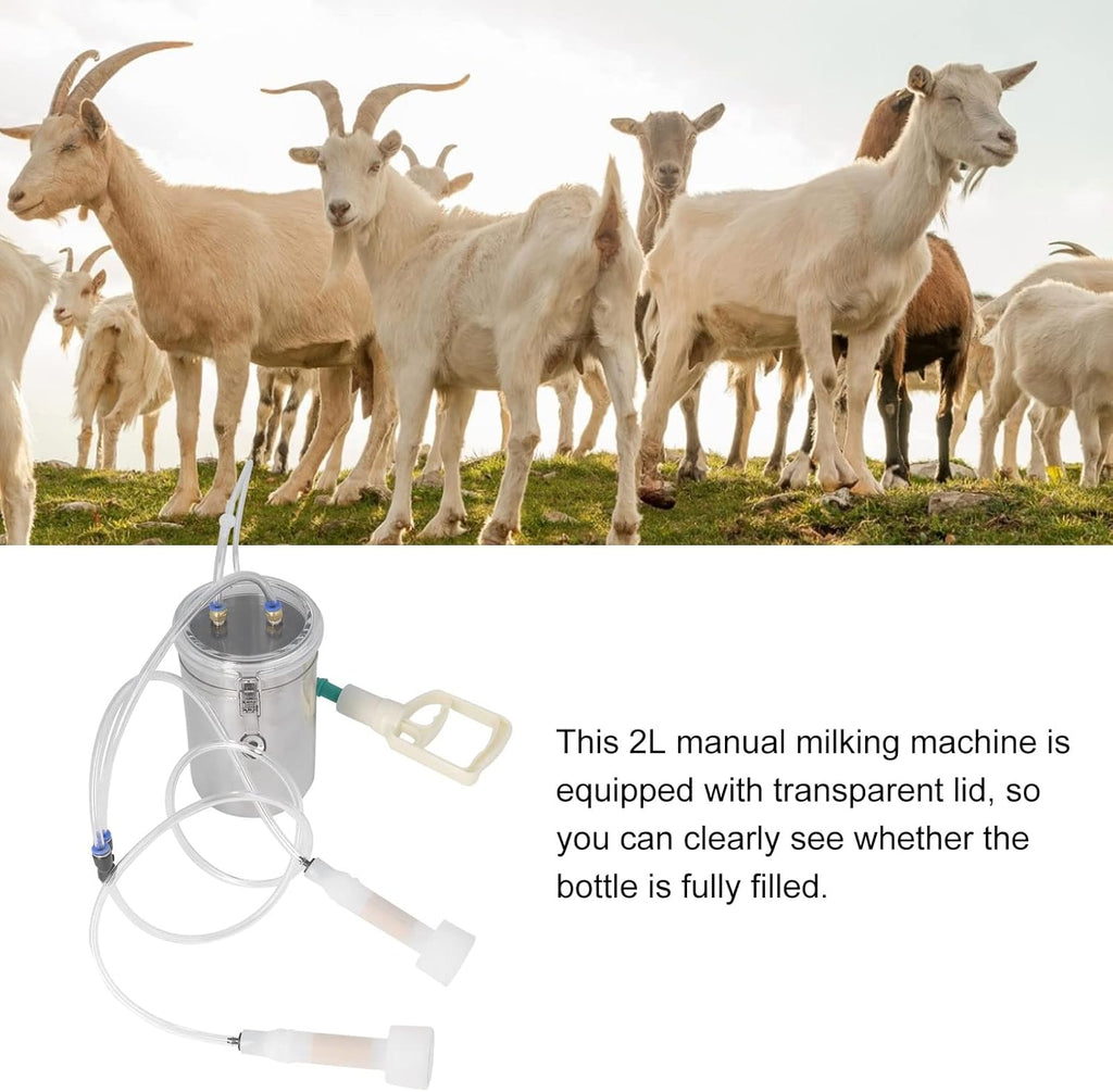 2L Goat Milking Machine, Large Capacity Manual Milking Machine Effort Saving Goat Milker Adjustable Pulsating Pump Stainless Steel Bottle Portable Milking Kit for Sheep, Cow, Goat