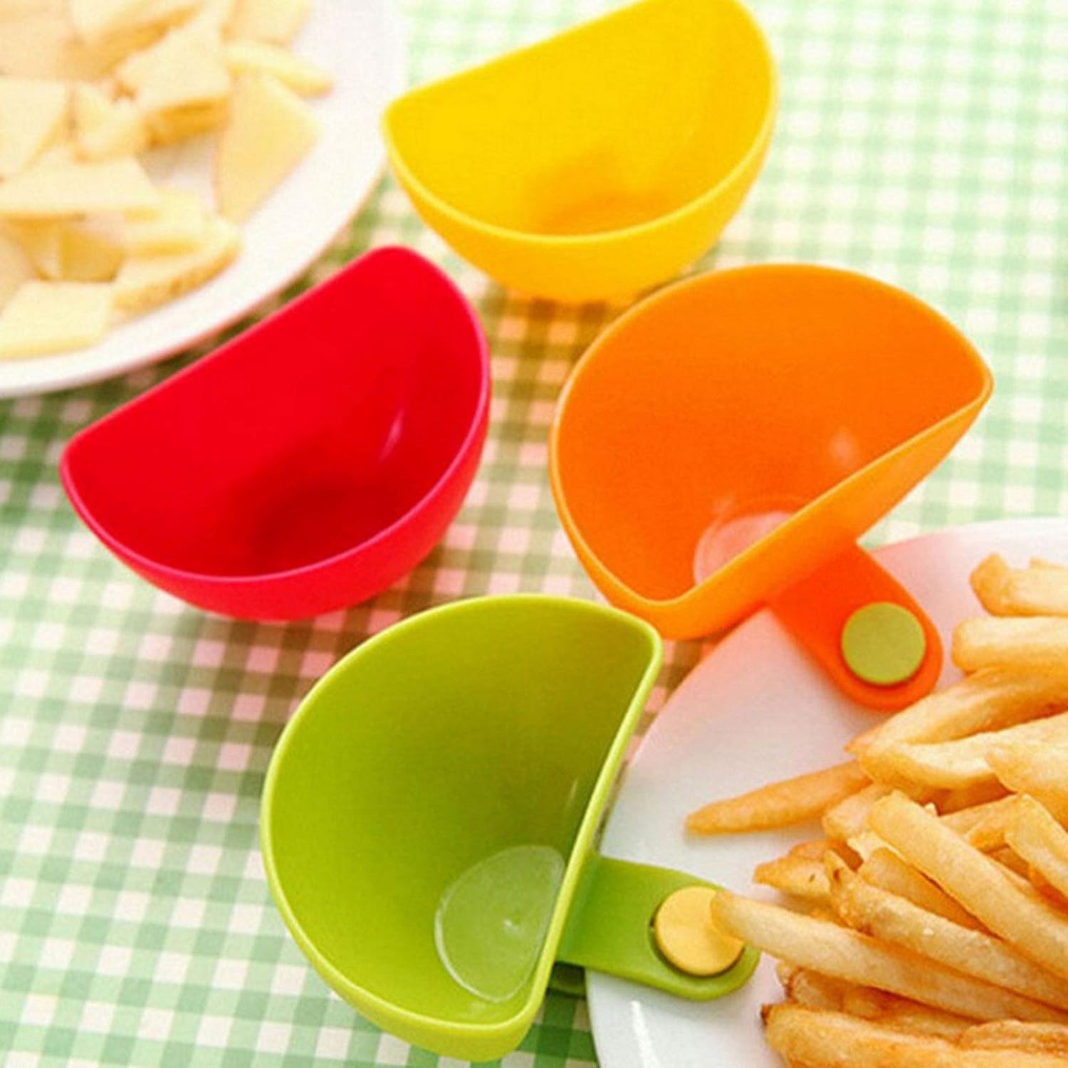12 Pack Assorted Colors Modern, Compact Plastic Dip Bowl, Progressive Assorted Plate Clip-on Holder for Spice, Salt, Tomato Sauce, Sugar, Vinegar (12PC)