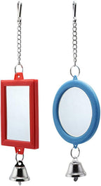 2-Piece Parrot Mirror Toy Hanging with Bells Pendant Bird Cage Accessories for Bird Parrot Budgie Parakeet Cockatiel Conure Lovebird Finch Canary Random Color （ 1pc Square +1pc Circle） …