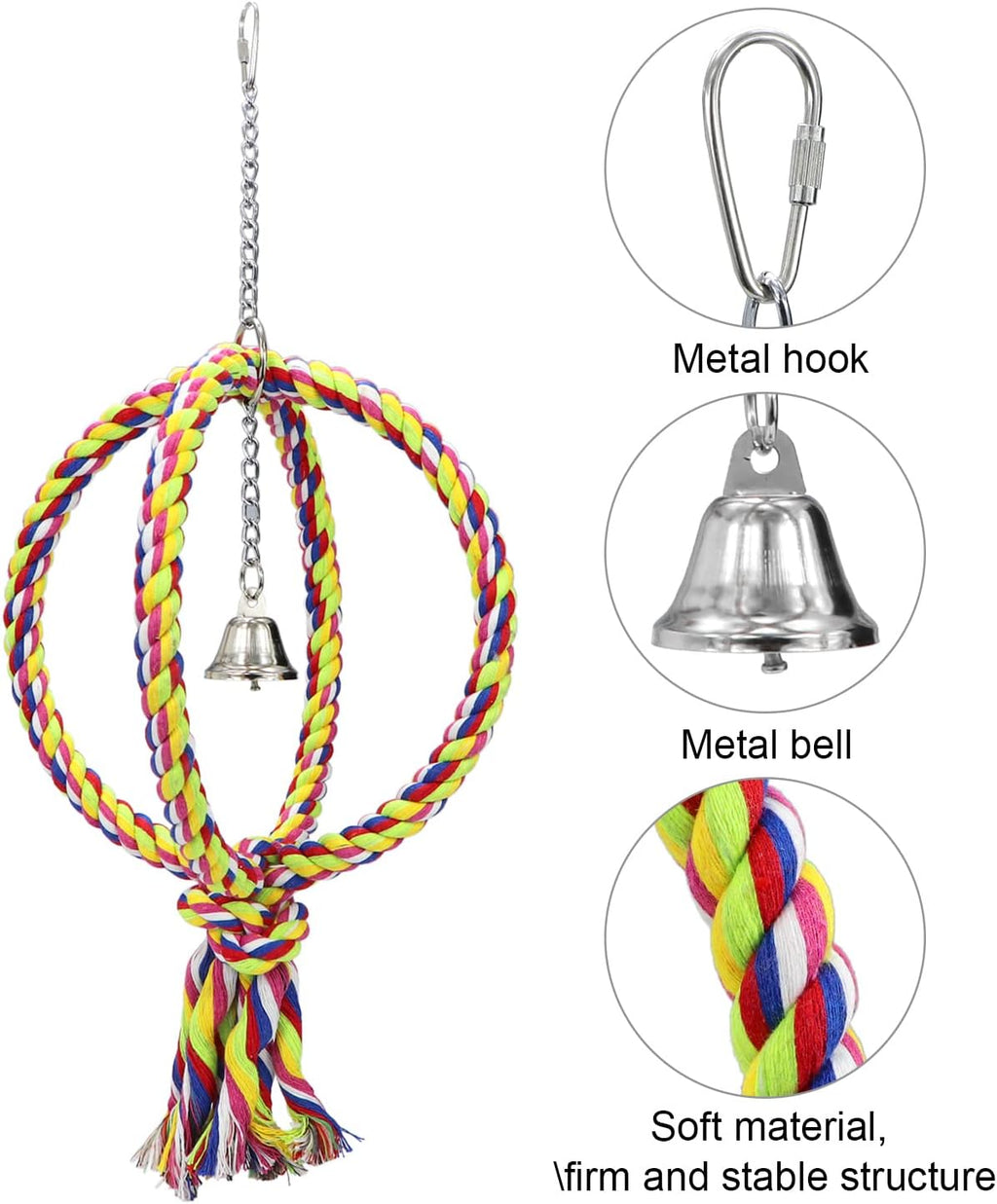 Bird Swing Perch Stand Cotton Rope 2 Two Rings Toy for Parrot Budgie Parakeet Cockatiel Conure Lovebird Finch Canary Cockatoo African Grey Macaw Eclectus Amazon Cage Accessories