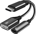 USB C OTG Adapter, 2 in 1 USB C Male to USB Female with 60W PD Charging Port Adapter Compatible with Galaxy S23 S22 Note 20, LG V40 V30, Google Pixel 6 XL,Google Chromecast with Google TV (Black)