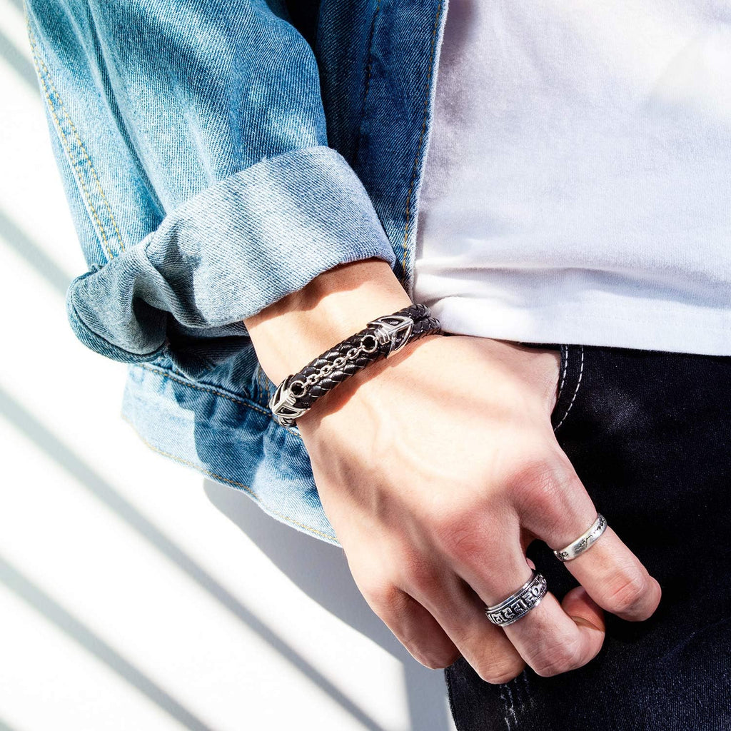 Mens Leather Bracelet with Stainless Steel Clasp Multi-Layer Braided Leather Mens Bracelet