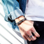 Mens Leather Bracelet with Stainless Steel Clasp Multi-Layer Braided Leather Mens Bracelet
