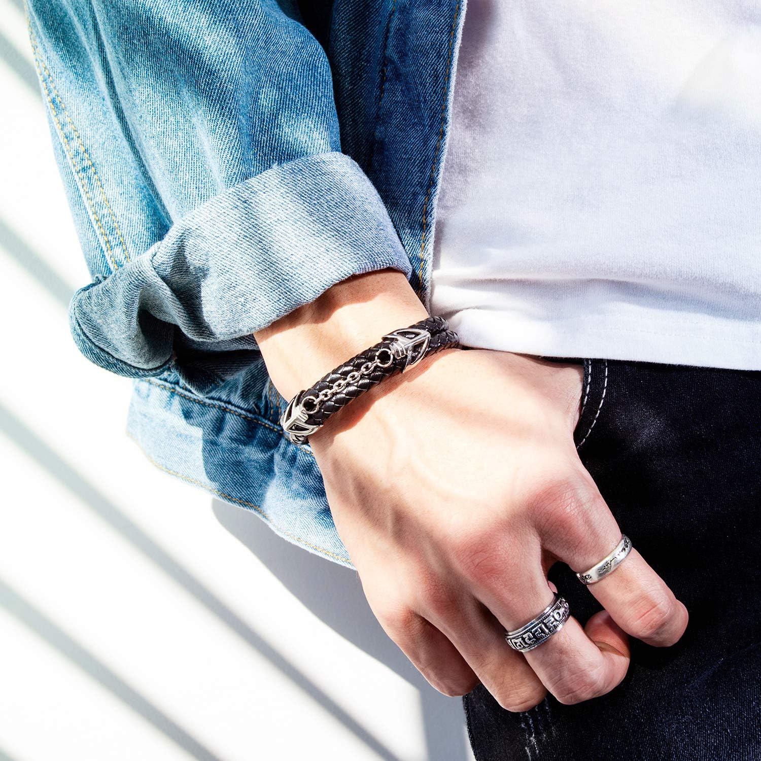 Mens Leather Bracelet with Stainless Steel Clasp Multi-Layer Braided Leather Mens Bracelet