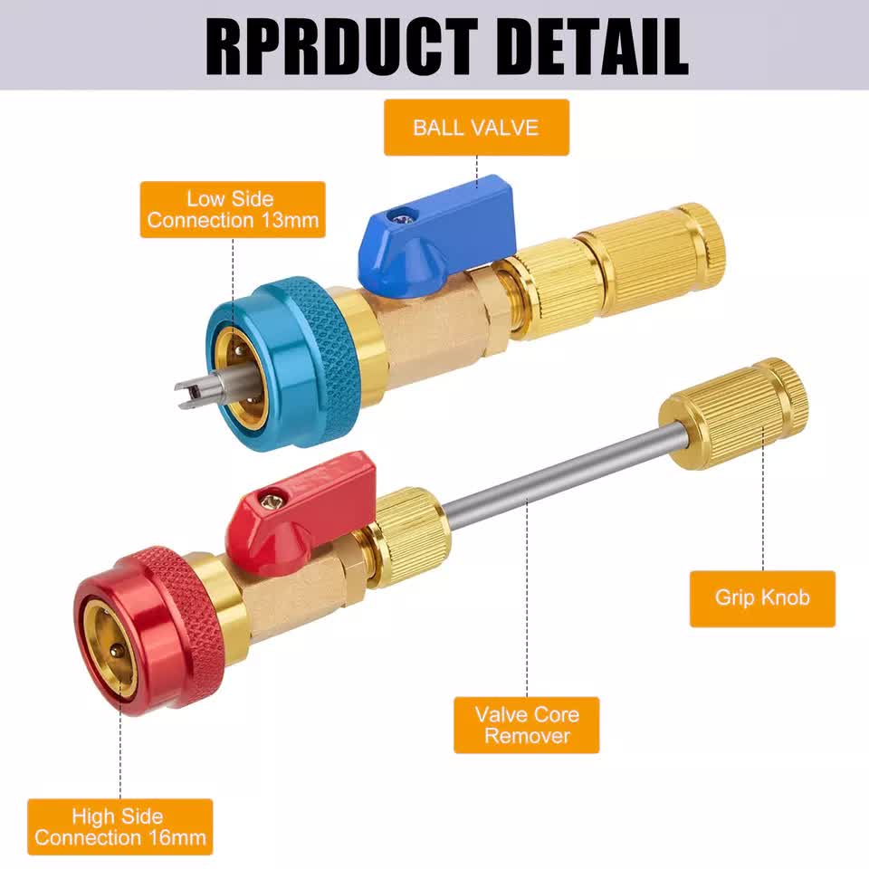 Professional Car AC Repair Kit with Quick Release for R134A Systems, Schrader Valve Core Removal Tool Compatible with High and Low Pressure