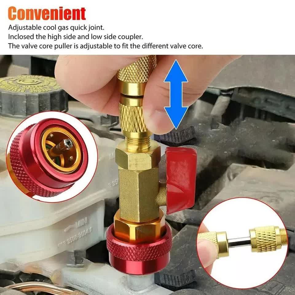 Professional Car AC Repair Kit with Quick Release for R134A Systems, Schrader Valve Core Removal Tool Compatible with High and Low Pressure