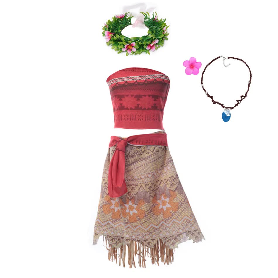 Moana Princess Vaiana Costume Set Girls Cosplay Dress with Necklace and Wig Compatible with Disney Size 9-10T for Carnival Party Summer