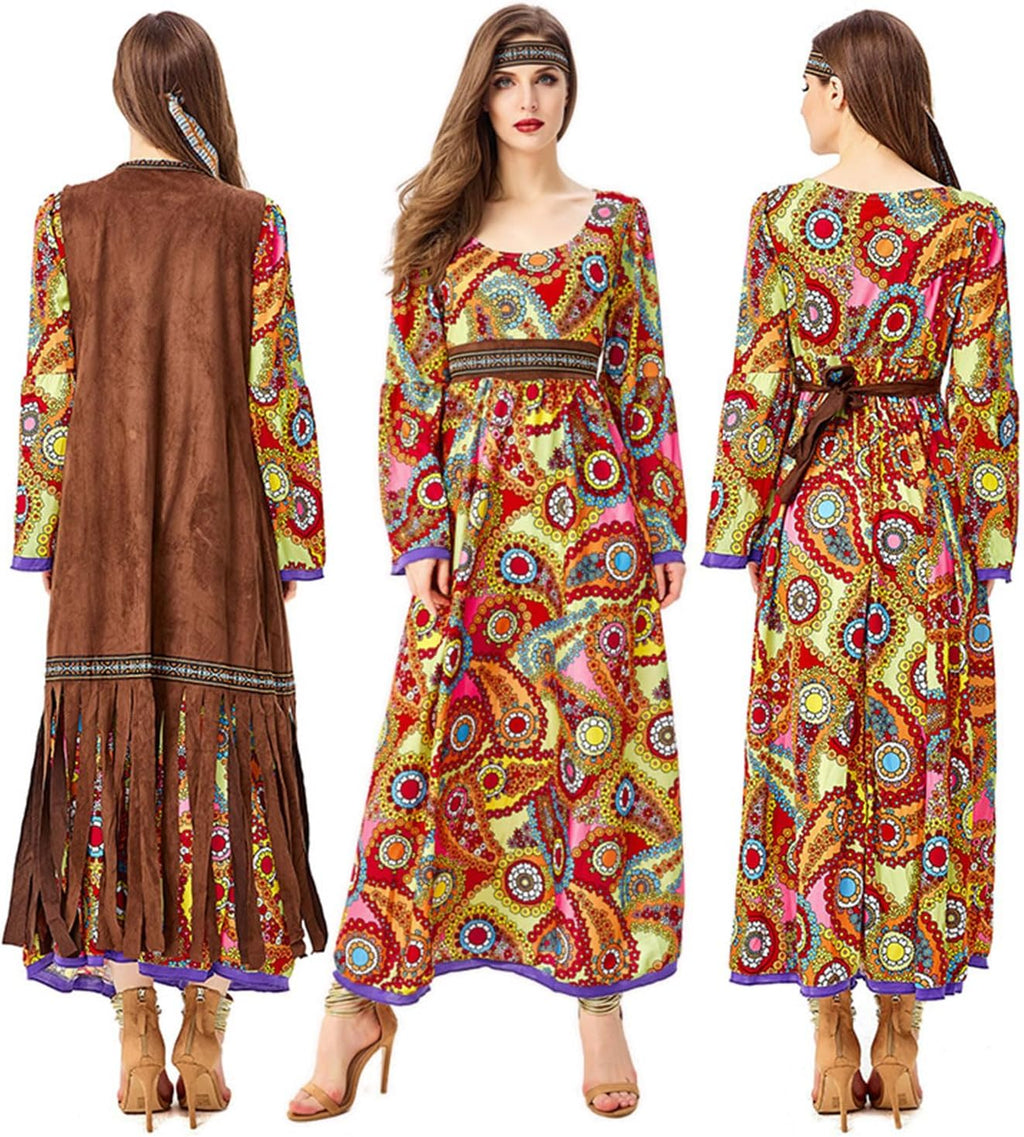 60s costume women, hippie women's dress set, 70s disco halloween outfits, hippie clothing women's costume, 60s clothing accessories L