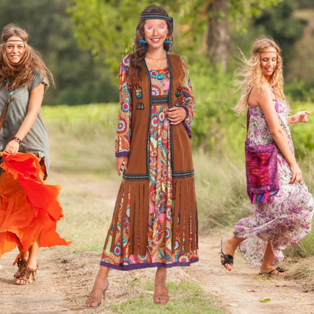 60s costume women, hippie women's dress set, 70s disco halloween outfits, hippie clothing women's costume, 60s clothing accessories L