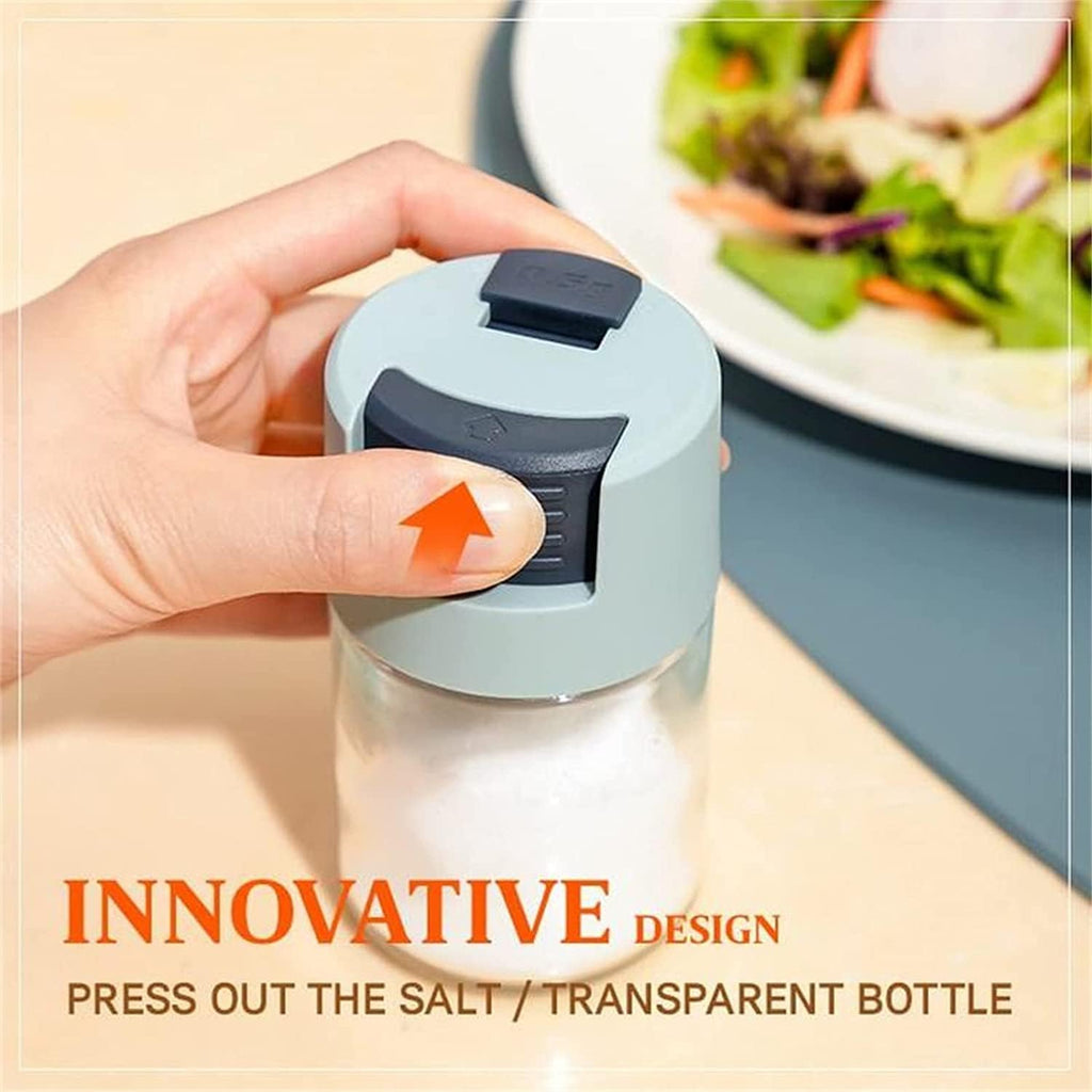 Metering Salt Shaker, Glass Metered Salt Dispenser, Press Type Quantitative Salt Glass Seasoning Bottle, Can Spice Salt Cumin Powder Pepper Shakers BBQ Condiment Seasoning Bottle (Green)