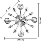 Metal Kitchen Cutlery Wall Clock 14 Inch with Fork Spoon 3D Non Ticking Quartz Watch Clock for Bedroom Home Decor,Silver