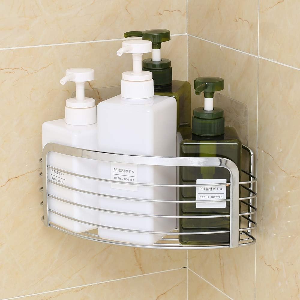 Rustproof Hanging Corner Shower Caddy, Wall Mounted Adhesive Bathroom Shower Shelf Storage Organizer Basket, No Drilling Stainless Steel Soap Sponge Shampoo Conditioner Holder Kitchen Rack
