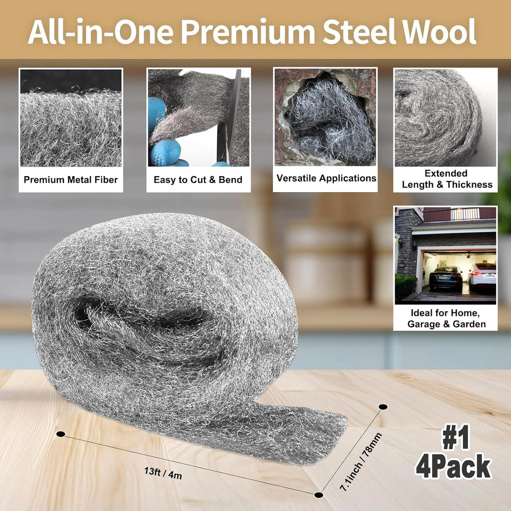 Steel Wool for Mice Control,4 Pack of 3.1" x13 Ft Steel Wool,Gap Filler for House & Garage,Keep Mice Away from Holes, Siding, Pipeline, Vents in Garden, House, Hardware DIY Kit（ #1 Coarse）
