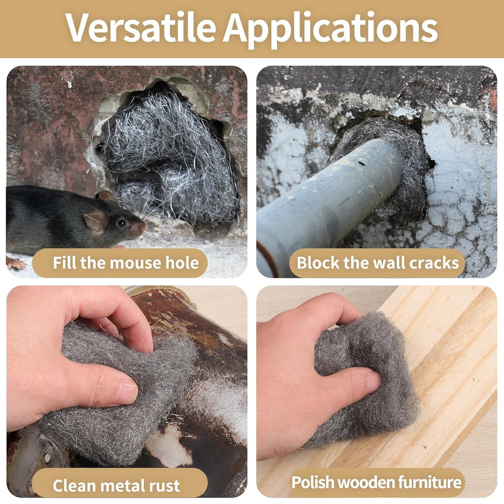 Steel Wool for Mice Control,4 Pack of 3.1" x13 Ft Steel Wool,Gap Filler for House & Garage,Keep Mice Away from Holes, Siding, Pipeline, Vents in Garden, House, Hardware DIY Kit（ #1 Coarse）