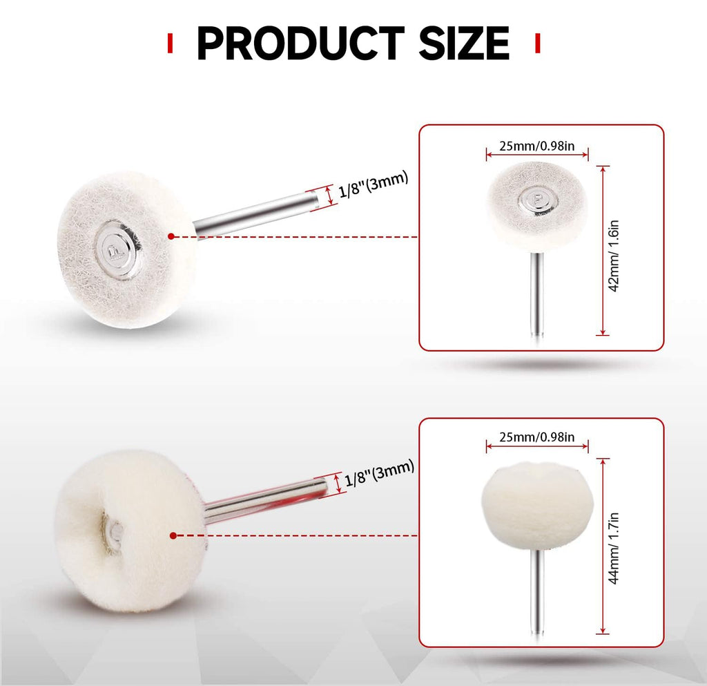50 PCS 1 Inch Wool Felt Polishing Accessory Kits, 25 Each Spherical/Flat Buffing Wheels for Proxxon Dremel Rotary Tool - 1/8" Shank, Ideal for Wood Metal Jewelry and Glass Polishing