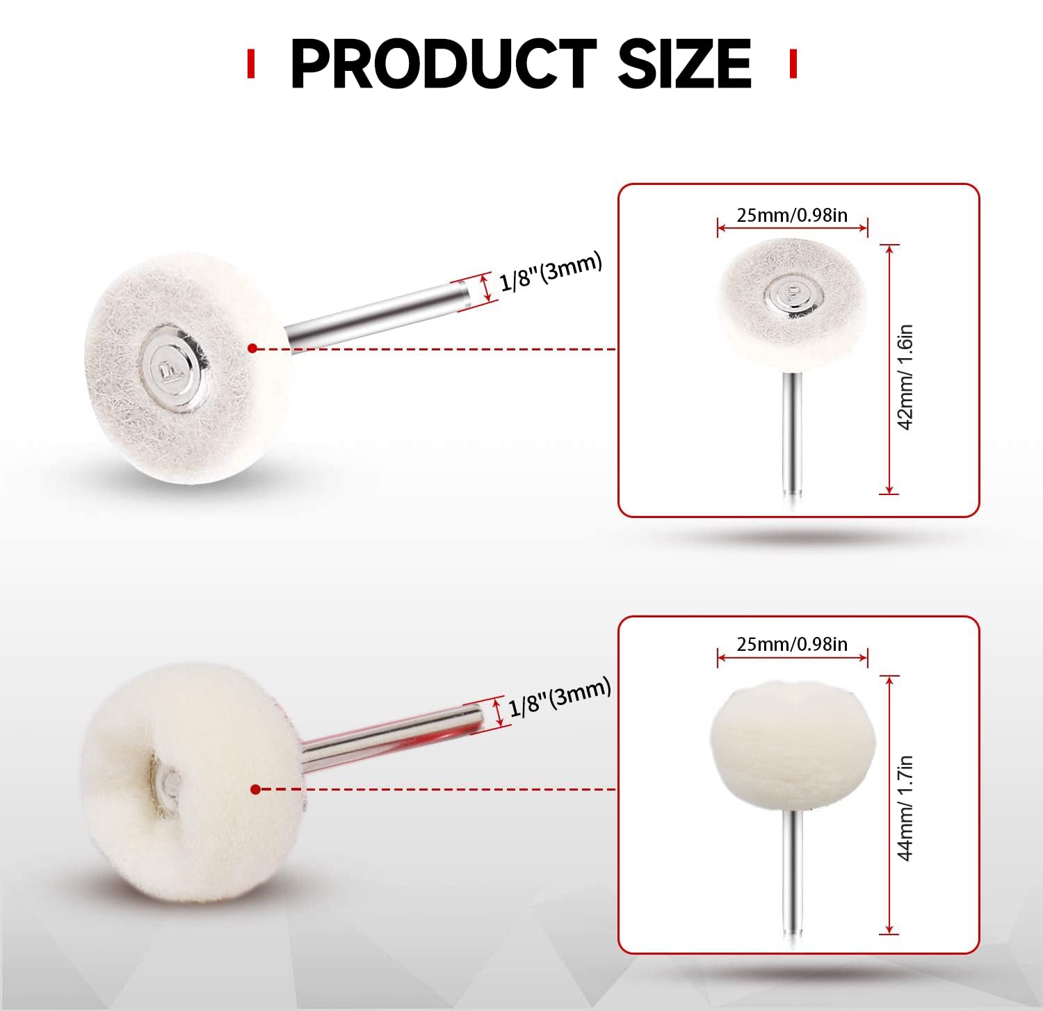 50 PCS 1 Inch Wool Felt Polishing Accessory Kits, 25 Each Spherical/Flat Buffing Wheels for Proxxon Dremel Rotary Tool - 1/8" Shank, Ideal for Wood Metal Jewelry and Glass Polishing