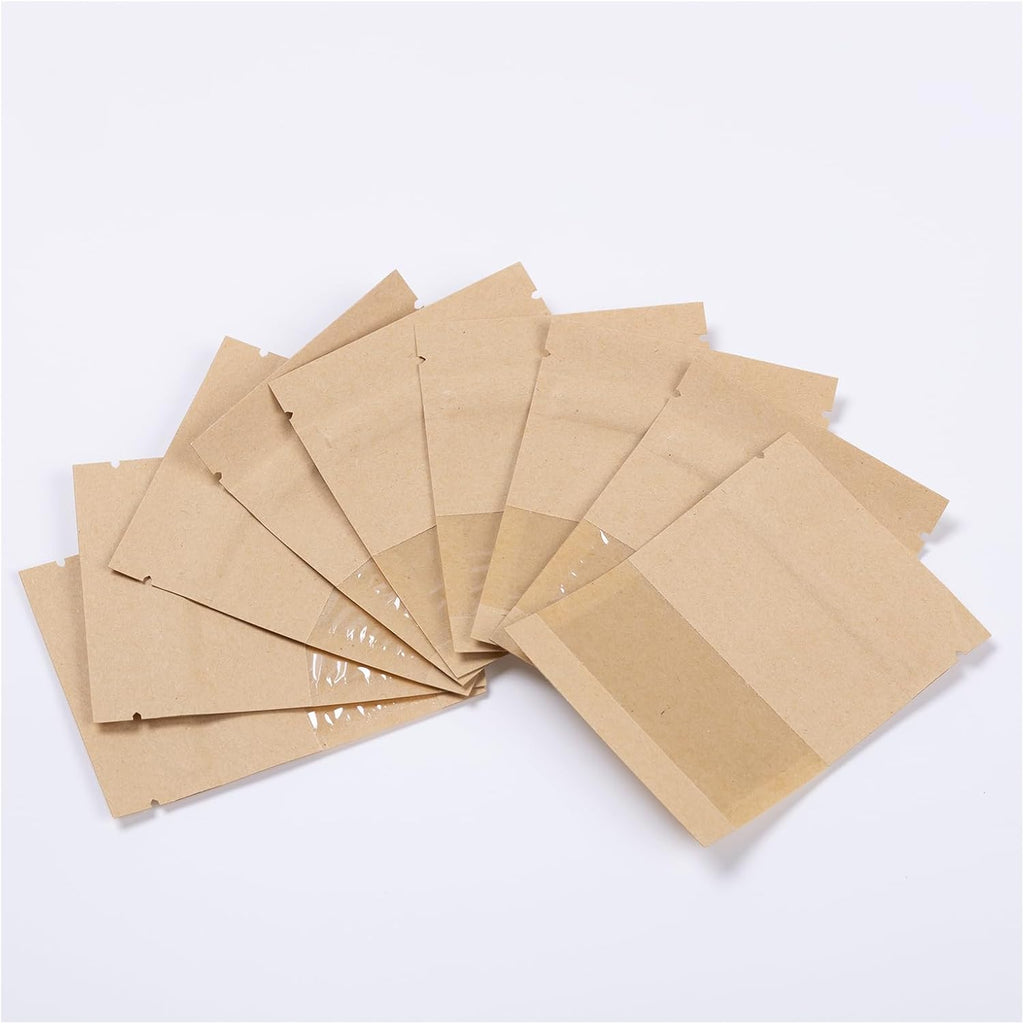 100Pcs 7×9cm Sealable Kraft Paper Bag with Transparent Window, 2.7×3.5'' Seed Coin Envelope Bags for Flower Vegetable Food Seeds Storage, Coffee Bags, Business Sample Bag