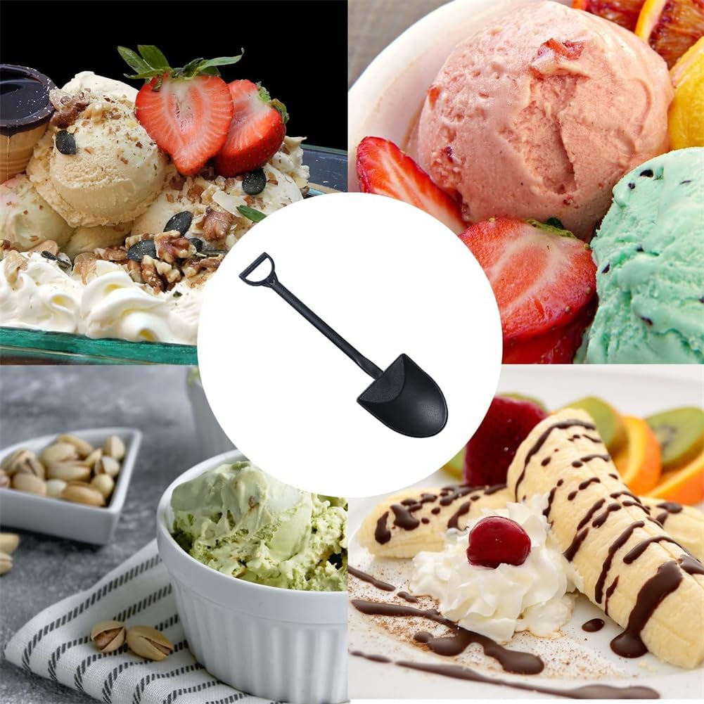 100PCS Mini Shovel Shape Spoons, Plastic Mini Ice Cream Dessert Spoon Shovels Pudding Yogurt Spoons Cute Disposable Plastic Dessert Spoons,for Family or Party，4.7 Inch. （Black)