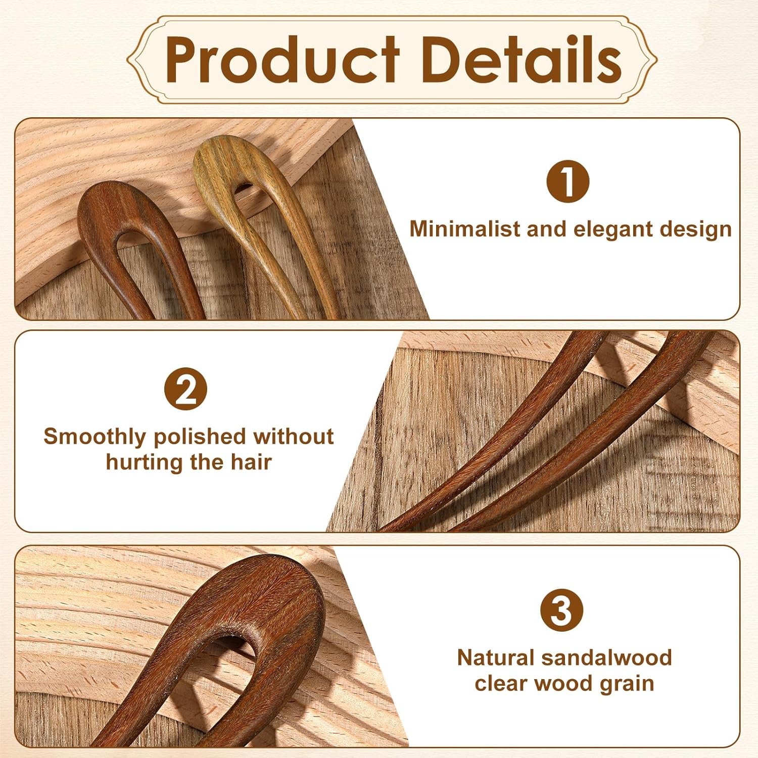 2 Pack Wooden Hair Fork French Hair Pins for Women Wood Hairs Sticks U Shape Hairs Prong Updo Vintage Hairr Bun Clip for Chignon