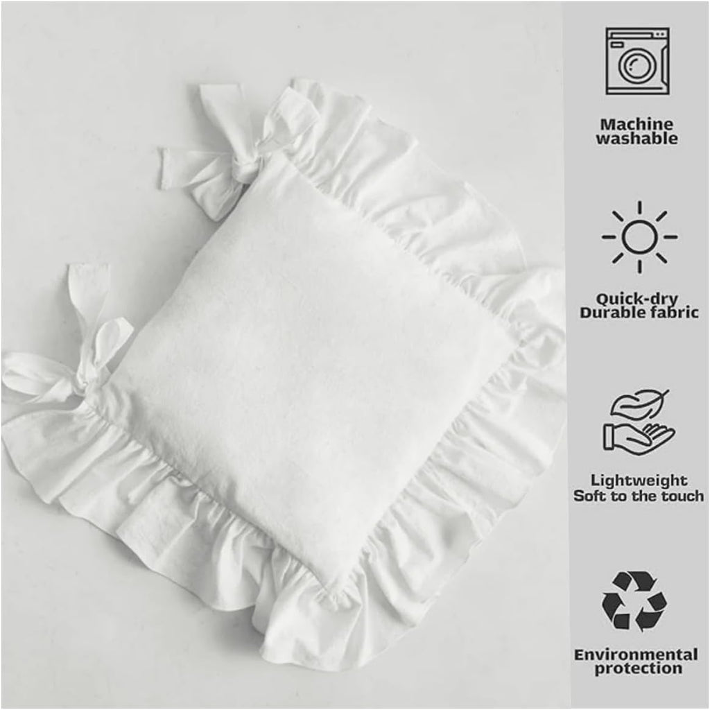 Farmhouse Indoor Chair Cushions for Dining Non-Slip Rocking Chair Cushions with Zipper Ruffled Cotton Seat Cushion for Kitchen White Retro Chair Pads with Ties 14.5''×14.5''