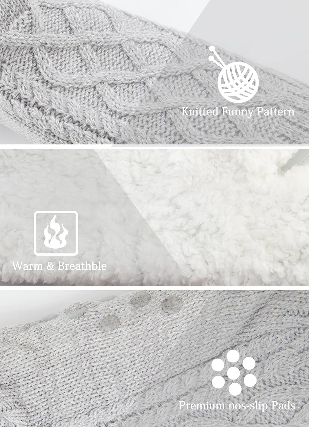 Women Knitted Slipper Socks Cozy Sherpa Fuzzy Non Slip Winter Indoor Double Layer Bedroom Grey Medium Wide