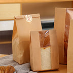 Bread Bag - Kraft paper with transparent window - 23.5*12*5 cm | Small baking bag - Suitable for storing bread, cookies, and snacks - Includes resealable tape