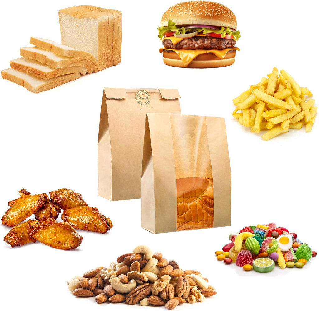 Bread Bag - Kraft paper with transparent window - 23.5*12*5 cm | Small baking bag - Suitable for storing bread, cookies, and snacks - Includes resealable tape