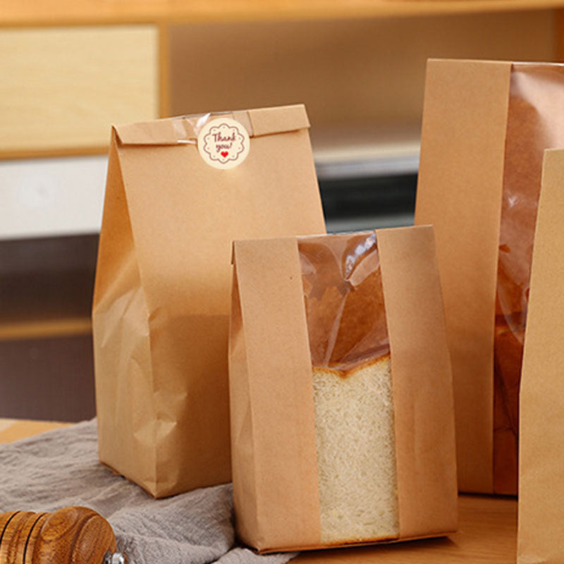 Bread Bag - Kraft paper with transparent window - 30*12*9 cm | Medium baking bag - Suitable for storing bread, cookies, and snacks - Includes resealable tape