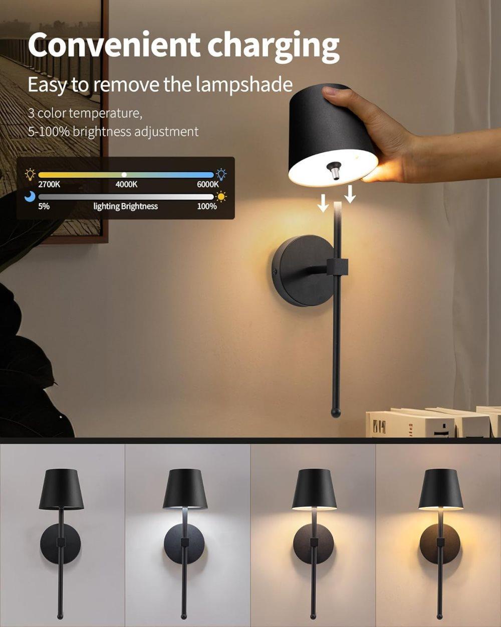 Wireless Wall Lamps 2-pack, LED Lamps with Rechargeable Battery, Stepless Dimmable with Remote Control