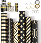Wrapping Paper Set - 6 Rolls Gold & Black Christmas - Includes Ribbon & Stickers - 43x300 cm Per Roll