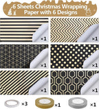 Wrapping Paper Set - 6 Rolls Gold & Black Christmas - Includes Ribbon & Stickers - 43x300 cm Per Roll