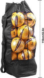 Soccer Net Bag for 10-15 Balls - Large Waterproof, Sturdy Tennis Shoulder Pad, Football-Basketball-Volleyball Bag, Drawstring Handbag - Black