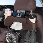 Car Key Box - Car Tissue Box - Includes 2 Cup Holders - Includes Hook - PU Leather - Waterproof, Dirt-Repellent and Wear-Resistant - Easy to Install, Accessory Storage - Can Hang Garbage Bags - Brown