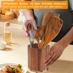 Kitchen Utensil Holder - Acacia Wood with 360 Degree Rotatable - Suitable for 15-20 Pieces - With Non-Slip Bottom - Round Organizer