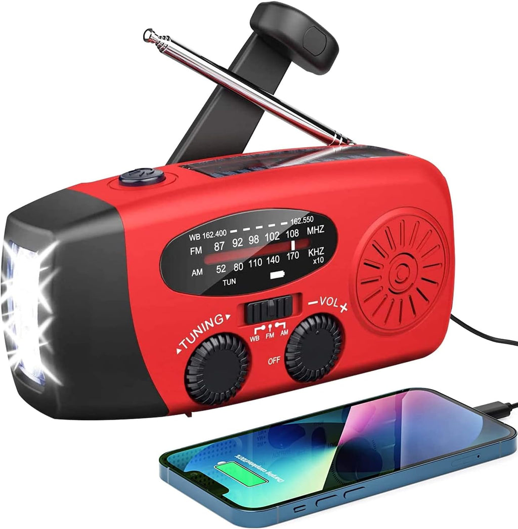 Emergency Radio Solar Wind-Up - Model 2025 - 2000 mAh Power Bank - AM/FM Radio with Flashlight & SOS - Emergency Kit for Camping & Disasters - Red