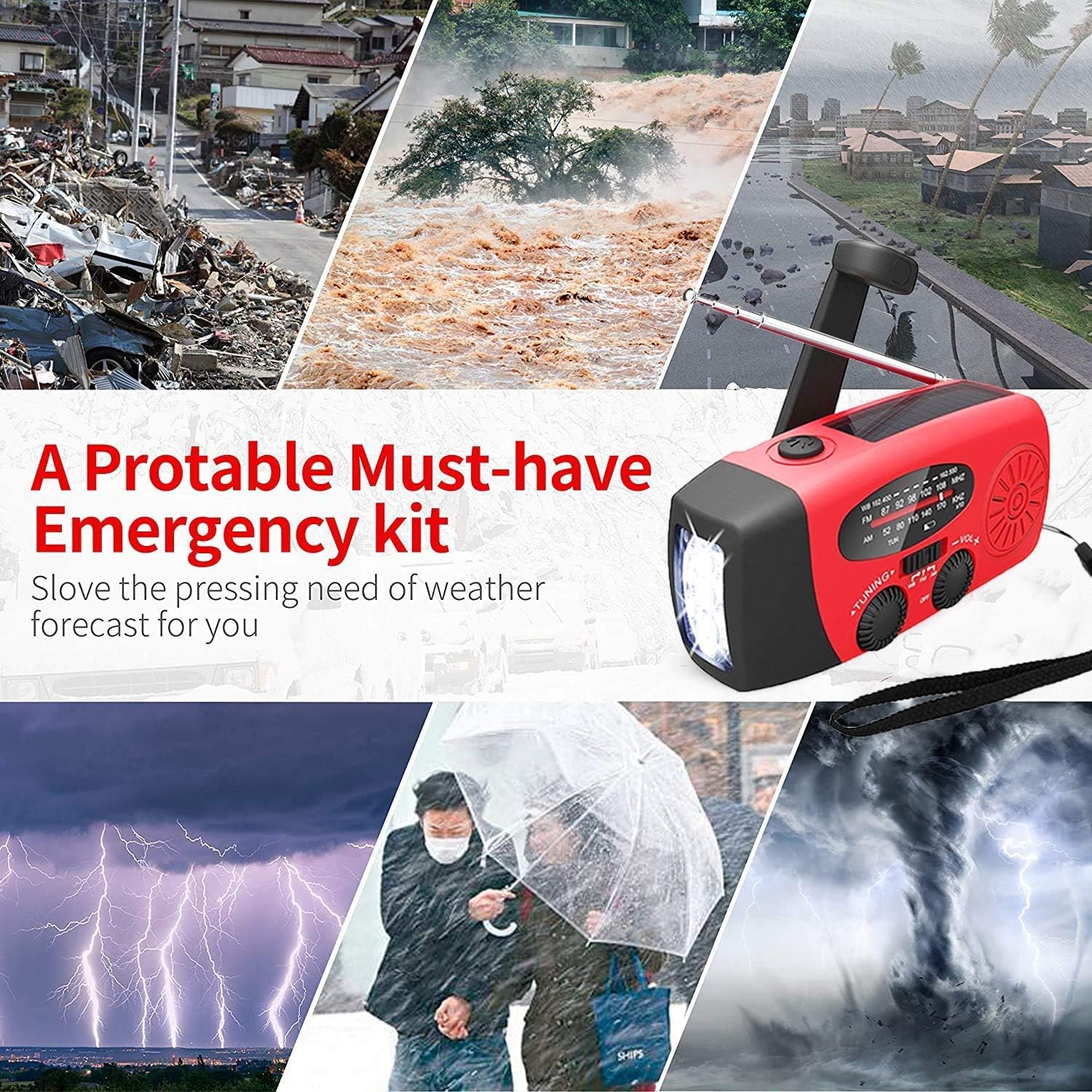 Emergency Radio Solar Wind-Up - Model 2025 - 2000 mAh Power Bank - AM/FM Radio with Flashlight & SOS - Emergency Kit for Camping & Disasters - Black