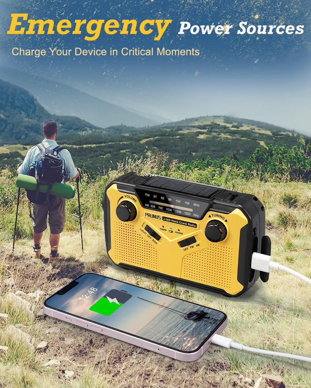 Emergency Solar Radio Wind-Up - Model 2025 - 2500 mAh Power Bank - AM/FM Radio with Flashlight & SOS - Emergency Kit for Camping & Power Outages - Red