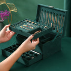 Velvet Jewelry Box with Lock - 3 Layers - Large Jewelry Organizer for Women - With Drawers & Compartments - Green