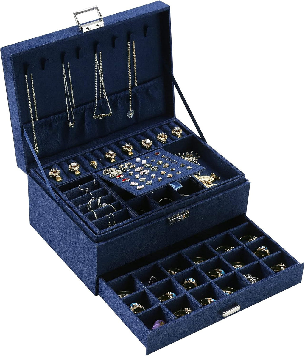 Velvet Jewelry Box with Lock - 3 Layers - Large Jewelry Organizer for Women - With Drawers & Compartments - Blue