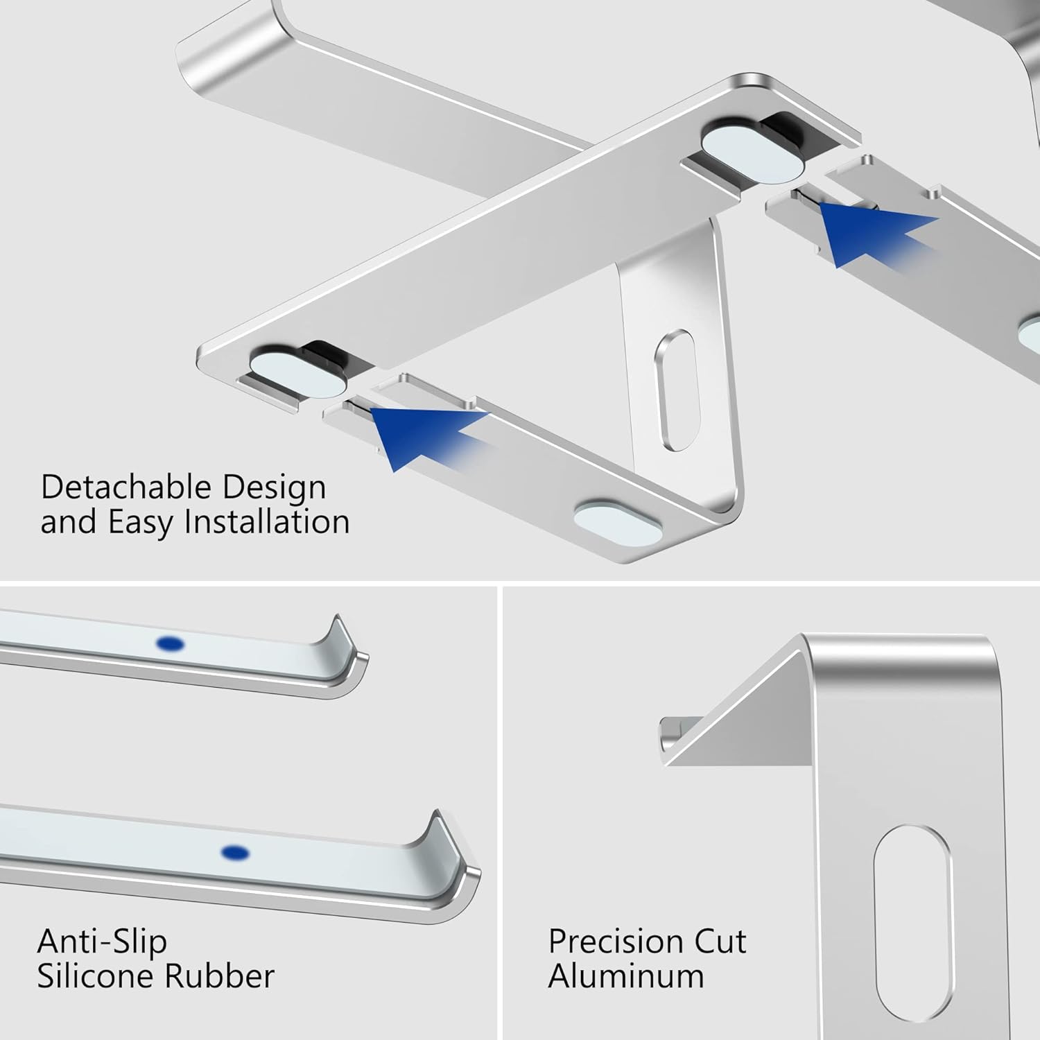 Ergonomic Aluminum Laptop Stand - Removable & Height Adjustable - Suitable for 10-14 inch Notebooks - Metal Silver