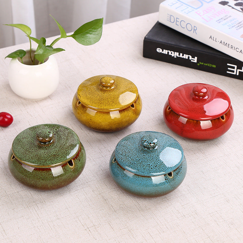 Ceramic Ashtray with Lid - Blue - Wind Ashtray for Outdoor & Indoor Use - Glazed Earthenware