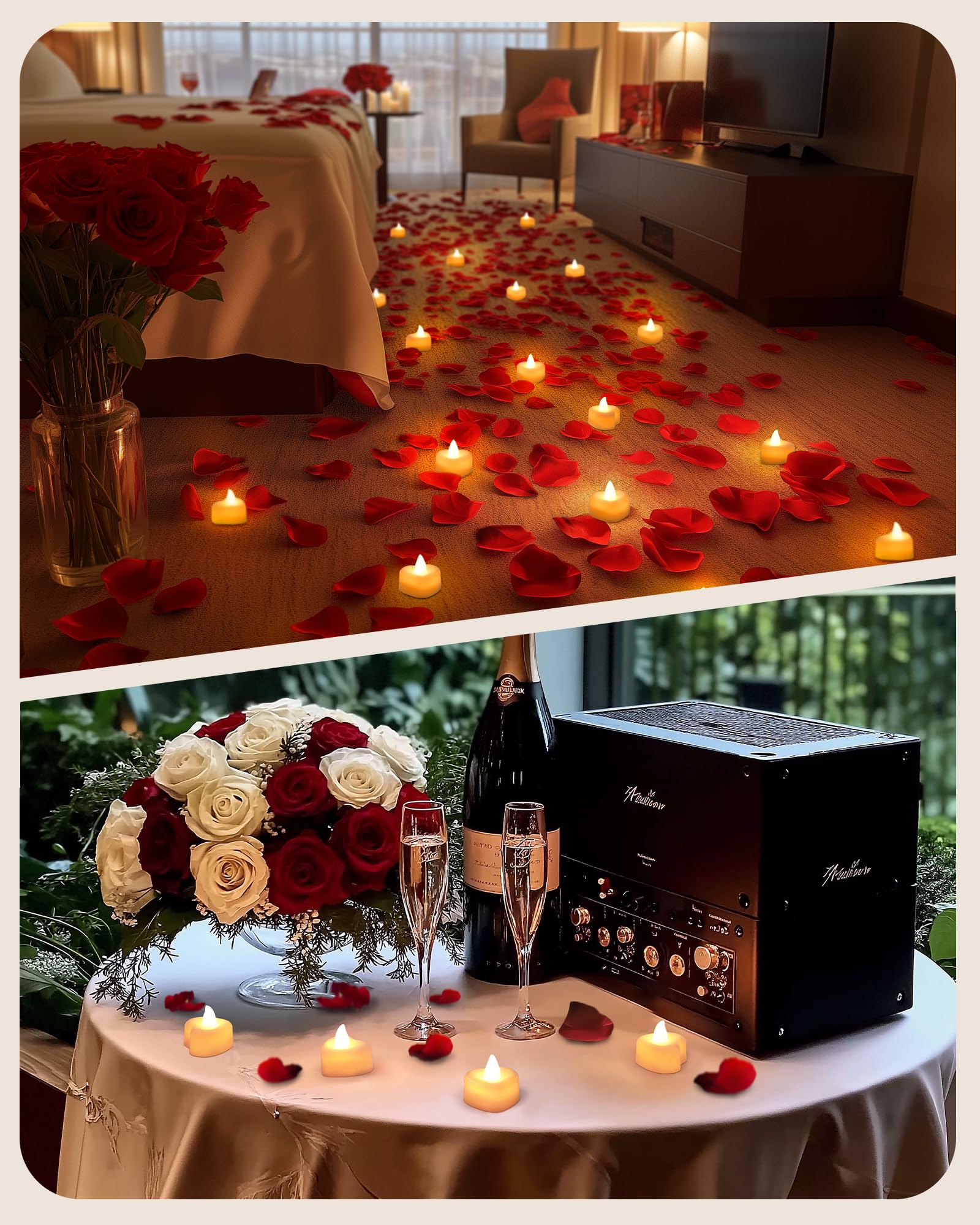 Battery Operated Candles - Set of Rose Petal Candles - 99 Artificial Rose Petals - 24 Heart-Shaped LED Tea Lights - Suitable for Proposals - Anniversaries - Romantic Evenings - Table Decorations - Weddings - Birthdays