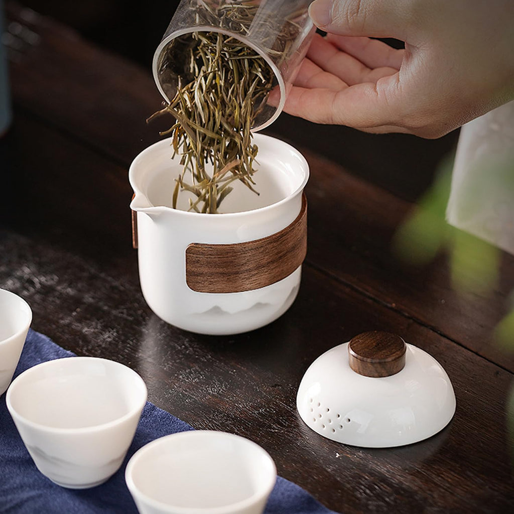 Travel Tea Set - Tea Set - Teapot - Teacups - Ceramic - Kung Fu - Camping - Outdoor - Travel - Including Travel Bag - 4 Pieces - Gift - White