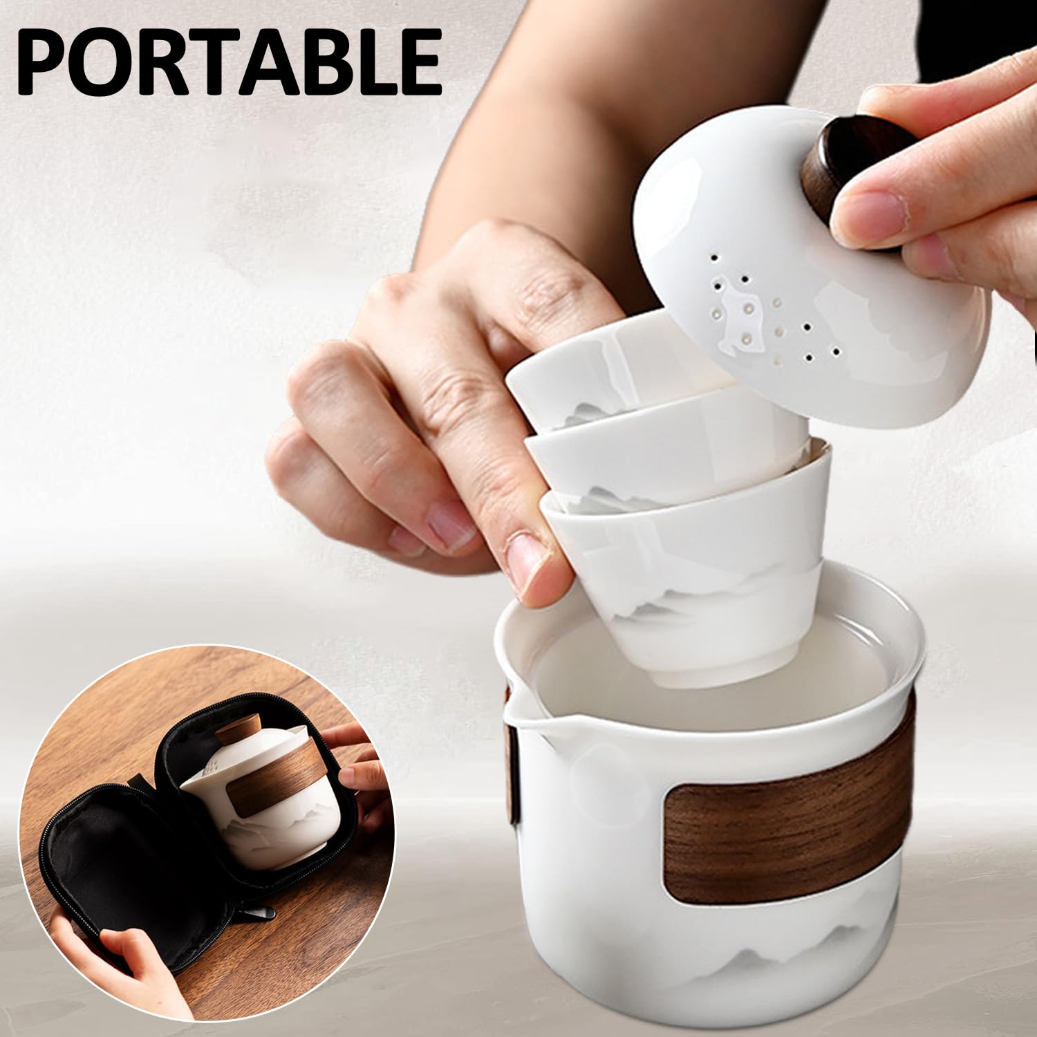 Travel Tea Set - Tea Set - Teapot - Teacups - Ceramic - Kung Fu - Camping - Outdoor - Travel - Including Travel Bag - 4 Pieces - Gift - White