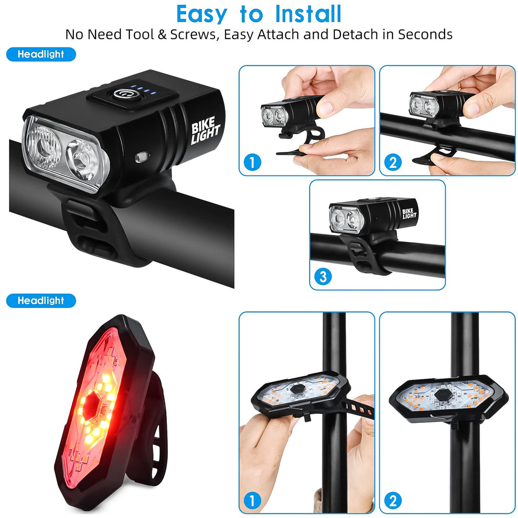Bicycle Lighting Set - Bicycle Headlight - Rear Light with Turn Signal - USB Rechargeable - Bicycle Lights - LED Lighting - Flashing Light - Waterproof - Wireless Remote Control - MTB Accessories - Road Bike - City Bike - Black - 1 Piece