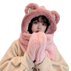 Winter Hat - Scarf - Mittens - 3 in 1 Set - Teddy Hat - Women's Winter Hat - Girls' Hat - Plush Hat - Hat with Ears - Warm Winter Set - Bear Hat - Soft Scarf - Hooded Hat - Fleece Hat - Gift for Women - Pink - One Size - Fluffy Hat - 1 Piece