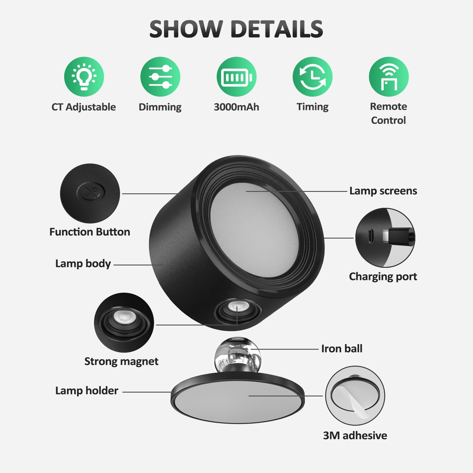 Night Light - Table Lamp - Bedside Lamp - Mood Lamp - Wireless Table Lamp - Rechargeable Lamp - LED Night Lamp - Touch Lamp - Dimmable Lamp - Desk Lamp - Mood Lighting - Portable Lamp - Bedroom Lamp - Modern Design - USB Rechargeable - Black - 1 Piece