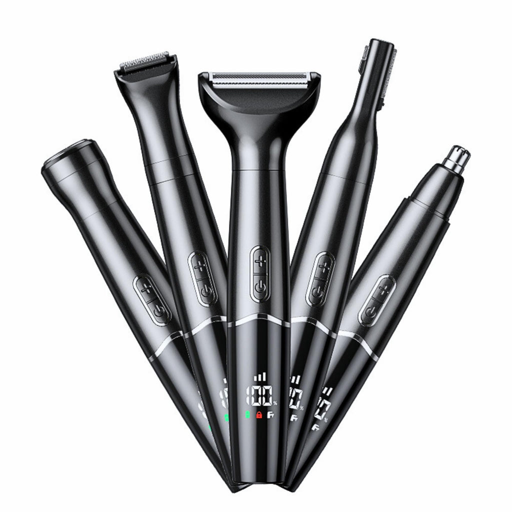Nose Trimmer - 5-in-1 Rechargeable - Nose & Ear Hair Trimmer - IPX7 Waterproof - Two-Blade Trimming Set, Unisex, for Nose, Eyebrow, Beard, Bikini Line & Facial Hair Removal (Black)